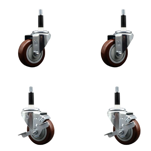 Service Caster 3.5'' SS Maroon Poly Wheel Swivel 7/8'' Expanding Stem Caster Set 2 Brakes, 4PK SCC-SSEX20S3514-PPUB-MRN-2-TLB-2-78 - main